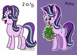 Size: 1920x1383 | Tagged: safe, artist:sadtrooper, derpibooru import, phyllis, starlight glimmer, pony, unicorn, a horse shoe-in, 2018 vs 2020, comparison, cute, draw this again, eye clipping through hair, female, glimmerbetes, high res, mare, open mouth, plant, purple background, redraw, simple background, smiling, solo