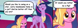 Size: 1186x436 | Tagged: safe, derpibooru import, edit, edited screencap, screencap, luster dawn, princess twilight 2.0, twilight sparkle, twilight sparkle (alicorn), alicorn, pig, pony, unicorn, the ending of the end, the last problem, comic, female, hudson hawk, mare, older, older twilight, screencap comic, song reference, swing on a star, transformation