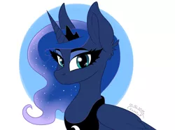 Size: 3500x2600 | Tagged: safe, artist:princesslunka10, derpibooru import, princess luna, alicorn, pony, abstract background, bust, circle background, crown, cute, ear fluff, female, high res, jewelry, looking at you, lunabetes, mare, portrait, regalia, solo