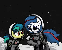 Size: 417x339 | Tagged: safe, artist:plunger, derpibooru import, oc, oc:apogee, oc:nasapone, earth pony, pegasus, pony, /mlp/, 4chan, :o, c:, cute, drawthread, duo, eye clipping through hair, moon, moon rock, ocbetes, open mouth, smiling, space, stars