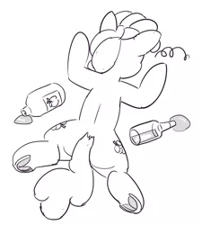 Size: 3217x3580 | Tagged: safe, artist:pabbley, derpibooru import, berry punch, berryshine, earth pony, pony, both cutie marks, bottle, cider, drunk, faceplant, female, frog (hoof), mare, monochrome, passed out, rear view, solo, underhoof