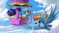 Size: 4450x2500 | Tagged: safe, artist:tinybenz, derpibooru import, rainbow dash, twilight sparkle, oc, oc:lrivulet, oc:左岸, pegasus, pony, female, flying, hot air balloon, mare, pegasus oc, rope, sky, wings