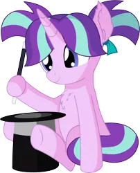 Size: 5912x7329 | Tagged: safe, artist:cyanlightning, derpibooru import, starlight glimmer, pony, unicorn, .svg available, absurd resolution, chest fluff, cute, daaaaaaaaaaaw, ear fluff, female, filly, filly starlight glimmer, glimmerbetes, hat, holding, pigtails, silly, simple background, sitting, smiling, solo, transparent background, vector, wand, younger