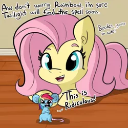 Size: 1080x1080 | Tagged: safe, artist:tjpones, derpibooru import, fluttershy, rainbow dash, mouse, pegasus, pony, belly button, dialogue, female, implied twilight sparkle, mare, rainbow mouse, size difference, smoldash, species swap, transformation