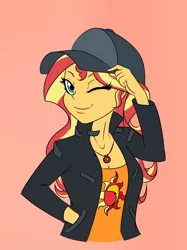 Size: 1280x1707 | Tagged: safe, artist:albertbm, derpibooru import, sunset shimmer, display of affection, equestria girls, equestria girls series, cap, clothes, cute, cutie mark, cutie mark on clothes, female, flanksy, geode of empathy, hand in pocket, hat, magical geodes, one eye closed, shimmerbetes, smiling, solo, wink
