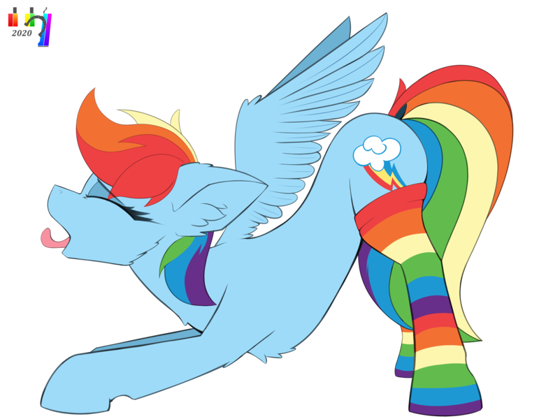 Size: 4299x3344 | Tagged: safe, artist:pedalspony, artist:raptorpwn3, derpibooru import, rainbow dash, pegasus, butt, clothes, cutie mark, flat color, rainbow socks, simple background, socks, solo, spread wings, stretching, striped socks, thigh highs, tongue out, transparent background, wings, yawn