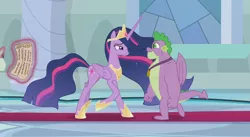 Size: 1356x743 | Tagged: safe, derpibooru import, screencap, princess twilight 2.0, professor mossmane, professor mosstone, spike, twilight sparkle, twilight sparkle (alicorn), alicorn, dragon, pony, unicorn, the last problem, female, gigachad spike, magic, male, mare, offscreen character, older, older spike, older twilight, scroll, shipping fuel, stallion, telekinesis, winged spike