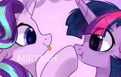 Size: 993x637 | Tagged: safe, artist:mirtash, derpibooru import, starlight glimmer, twilight sparkle, pony, unicorn, :p, :t, boop, duo, female, floppy ears, looking at each other, mare, obtrusive watermark, raised hoof, scrunchy face, smiling, tongue out, twilight is not amused, unamused, watermark