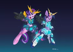 Size: 2000x1414 | Tagged: safe, alternate version, artist:satv12, derpibooru import, starlight glimmer, twilight sparkle, pony, unicorn, armor, bipedal, crossover, gun, gundam, gundam uc, injured, mobile suit, mobile suit gundam, unicorn gundam, unicorn gundam banshee, weapon