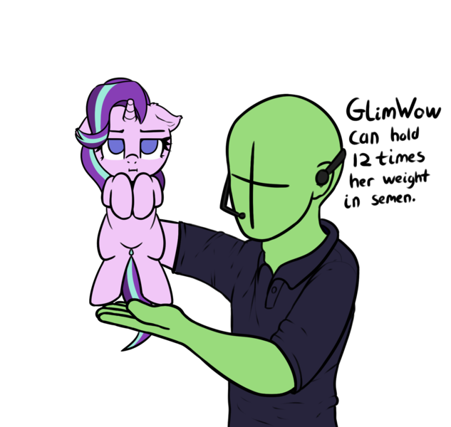 Size: 1647x1560 | Tagged: suggestive, artist:cutelewds, derpibooru import, starlight glimmer, oc, oc:anon, human, pony, unicorn, clothes, dialogue, headset, holding a pony, implied cum, implied cum inflation, meme, shamwow, shirt, simple background, transparent background, unamused, vince offer, wow! glimmer