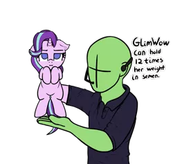 Size: 1647x1560 | Tagged: suggestive, artist:neuro, derpibooru import, starlight glimmer, oc, oc:anon, human, pony, unicorn, clothes, dialogue, headset, holding a pony, implied cum, implied cum inflation, meme, shamwow, shirt, simple background, transparent background, unamused, vince offer, wow! glimmer