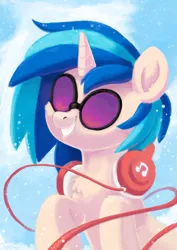 Size: 3508x4960 | Tagged: safe, artist:pucksterv, derpibooru import, vinyl scratch, pony, unicorn, chest fluff, female, grin, headphones, high res, mare, smiling, snow, solo, sunglasses, winter