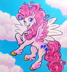 Size: 1021x1084 | Tagged: safe, artist:hollyrosebriar, derpibooru import, pinkie pie, pegasus, pony, leak, spoiler:g5, cloud, flying, g5, pegasus pinkie pie, pinkie pie (g5), race swap, sky, smiling, solo, species swap, wings