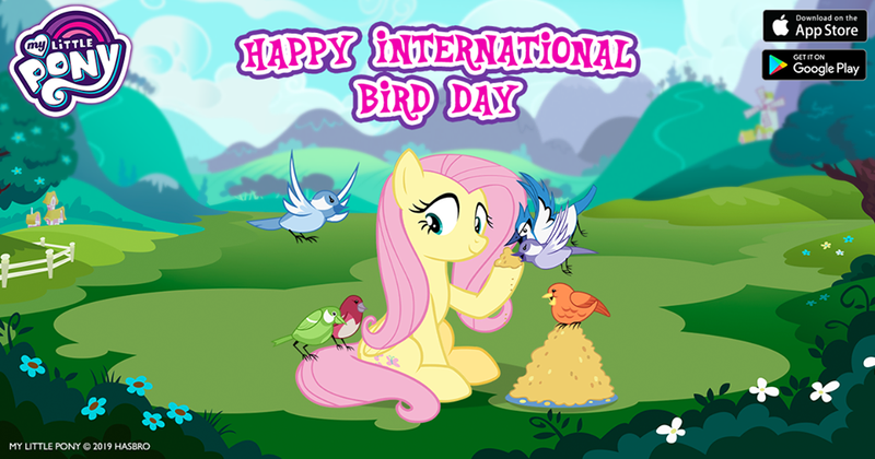 Size: 960x504 | Tagged: safe, derpibooru import, constance, fluttershy, bird, pegasus, pony, cute, facebook, fence, flower, flying, food, gameloft, my little pony logo, seed, sitting, tree, wings