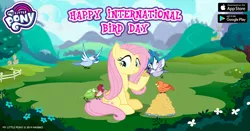 Size: 960x504 | Tagged: safe, derpibooru import, constance, fluttershy, bird, pegasus, pony, cute, facebook, fence, flower, flying, food, gameloft, my little pony logo, seed, sitting, tree, wings