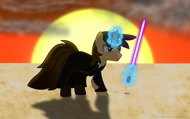 Size: 7589x4773 | Tagged: safe, artist:ejlightning007arts, derpibooru import, oc, oc:ej, unofficial characters only, pony, unicorn, clothes, cloud, cosplay, costume, crossover, jedi, jedi knight, lightsaber, magic, male, purple blade, raised hoof, sand, stallion, star wars, sunset, telekinesis, weapon