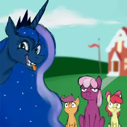 Size: 700x700 | Tagged: safe, artist:jellymaggot, derpibooru import, apple bloom, cheerilee, princess luna, scootaloo, pony, /mlp/, 4chan, cheerilee is unamused, colored, drawthread, flehmen response, funny, horses doing horse things, photobomb, ponified animal photo, silluna, solo focus, tongue out