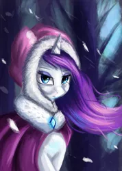 Size: 1189x1668 | Tagged: safe, artist:qbellas, derpibooru import, rarity, pony, unicorn, beautiful, clothes, coat, female, mare, snow, snowfall, solo, tree