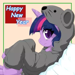 Size: 2000x2000 | Tagged: safe, artist:ragurimo, derpibooru import, twilight sparkle, pony, rat, animal costume, clothes, costume, cute, female, happy new year, high res, holiday, kigurumi, looking at you, mare, new year, pillow, profile, solo, twiabetes, year of the rat