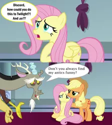 Size: 2000x2246 | Tagged: safe, derpibooru import, edit, edited screencap, screencap, applejack, discord, fluttershy, draconequus, pony, the ending of the end, angry, applejack is not amused, canterlot throne room, caption, comic, cowboy hat, crying, discord tries to defend himself, exploitable meme, glare, hat, image macro, meme, sad, screencap comic, sheepish grin, sitting, speech bubble, stetson, teary eyes, text, unamused