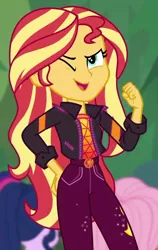 Size: 585x923 | Tagged: safe, derpibooru import, screencap, fluttershy, sci-twi, sunset shimmer, twilight sparkle, equestria girls, equestria girls series, sunset's backstage pass!, spoiler:eqg series (season 2), cropped, music festival outfit