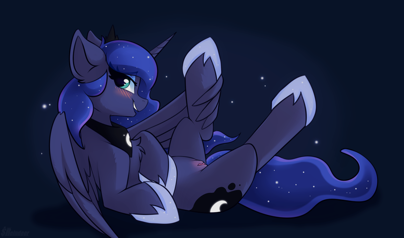 Size: 2200x1300 | Tagged: explicit, artist:shadowreindeer, derpibooru import, princess luna, alicorn, pony, semi-anthro, blue background, blushing, chest fluff, female, human vagina on pony, looking at you, looking back, looking back at you, mare, nudity, on back, presenting, simple background, solo, solo female, spread legs, spreading, vulva, wing hands, wings