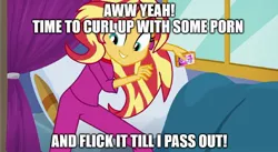 Size: 1919x1052 | Tagged: suggestive, derpibooru import, edit, edited screencap, screencap, kiwi lollipop, sunset shimmer, supernova zap, equestria girls, equestria girls series, sunset's backstage pass!, spoiler:eqg series (season 2), caption, clothes, image macro, imminent masturbation, implied lesbian, implied masturbation, meme, pajamas, solo, text