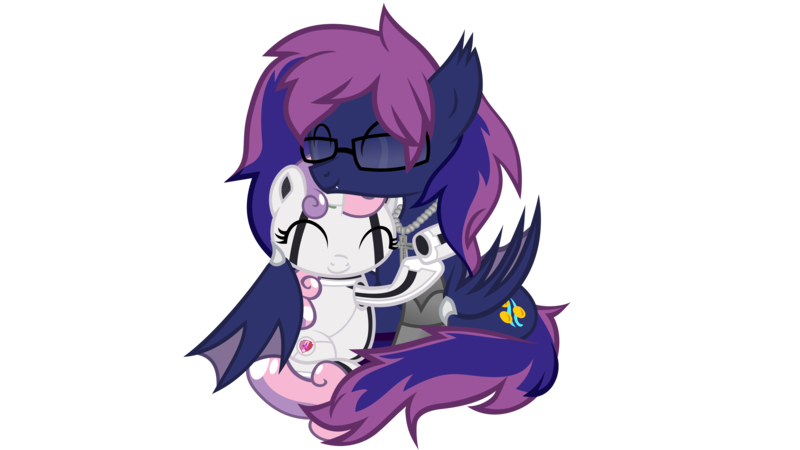 Size: 7680x4320 | Tagged: safe, artist:lincolnbrewsterfan, derpibooru import, sweetie belle, oc, oc:bitmaker, bat pony, pony, robot, robot pony, friendship is witchcraft, amputee, bat pony oc, bat wings, cross necklace, cuddling, cute, cute smile, cutie pie, cyber legs, cyberpunk, diasweetes, duo, eyes closed, glasses, hug, jewelry, necklace, robotic arm, roboticization, simple background, sweetie bot, transparent background, wings