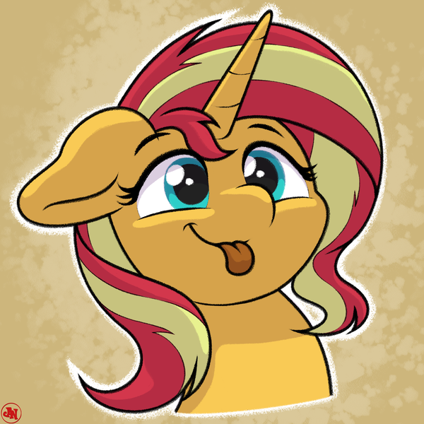 Size: 2160x2160 | Tagged: safe, artist:ljdamz1119, derpibooru import, sunset shimmer, pony, unicorn, :p, abstract background, bust, cute, female, floppy ears, high res, mare, shimmerbetes, smiling, solo, tongue out