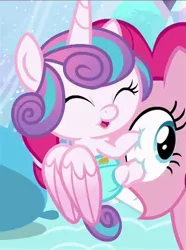 Size: 474x638 | Tagged: safe, derpibooru import, screencap, pinkie pie, princess flurry heart, alicorn, pony, the crystalling, baby, baby alicorn, baby flurry heart, baby pony, clinging, cropped, cute, cute baby, dawwww, diaper, diapered, diapered filly, eye poke, eye scream, eyes closed, facehug, female, filly, flurrybetes, infant, light pink diaper, newborn, newborn baby, newborn filly, nursery, open mouth, safety pin, weapons-grade cute