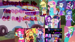 Size: 2048x1152 | Tagged: safe, derpibooru import, applejack, fluttershy, pinkie pie, princess celestia, princess luna, rainbow dash, rarity, sci-twi, starlight glimmer, sunset shimmer, twilight sparkle, fanfic, equestria girls, equestria girls series, mirror magic, sunset's backstage pass!, the road less scheduled, the road less scheduled: celestia, wake up!, spoiler:choose your own ending (season 2), spoiler:eqg series (season 2), spoiler:eqg specials, fanfic art, fanfic cover, food, geode of telekinesis, magical geodes, pancakes, principal celestia, vice principal luna, wake up!: applejack