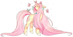 Size: 1812x938 | Tagged: safe, artist:angellightyt, derpibooru import, fluttershy, butterfly, pony, unicorn, leak, spoiler:g5, fluttershy (g5), g5, horn, long mane, long tail, race swap, simple background, solo, transparent background, unicorn fluttershy