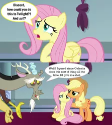 Size: 2000x2246 | Tagged: safe, derpibooru import, edit, edited screencap, screencap, applejack, discord, fluttershy, princess celestia, pony, the ending of the end, angry, applejack's hat, canterlot throne room, caption, comforting, comic, cowboy hat, crying, discord tries to defend himself, exploitable meme, hat, image macro, implied princess celestia, meme, sad, screencap comic, speech bubble, text