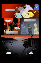 Size: 3850x5950 | Tagged: safe, artist:mplryze, derpibooru import, oc, anthro, changeling, dragon, earth pony, arrow, axe, comic, crying, cuffs, dragon wings, fangs, female, horns, open mouth, spear, sword, weapon, wings