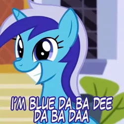 Size: 720x720 | Tagged: safe, derpibooru import, edit, edited screencap, screencap, minuette, pony, unicorn, amending fences, blue (da ba dee), caption, cropped, cute, eiffel 65, female, grin, i'm blue, looking at you, mare, minubetes, smiling, solo, song reference