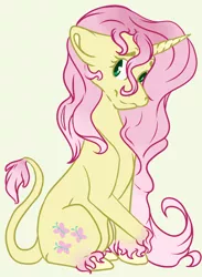 Size: 582x794 | Tagged: safe, artist:sona-artist, derpibooru import, fluttershy, pony, unicorn, leak, spoiler:g5, crossed hooves, fluttershy (g5), g5, looking at you, race swap, simple background, sitting, smiling, solo, stray strand, three quarter view, unicorn fluttershy, unshorn fetlocks