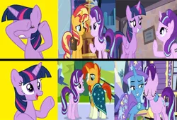 Size: 1280x871 | Tagged: safe, artist:mlpfan3991, derpibooru import, edit, edited screencap, screencap, starlight glimmer, sunburst, sunset shimmer, trixie, twilight sparkle, twilight sparkle (alicorn), alicorn, equestria girls, mirror magic, the cutie map, to where and back again, spoiler:eqg specials, female, hotline bling, lesbian, male, meme, shimmerglimmer, shipping, starburst, startrix, straight, trixie's wagon, twistarlight, wrong aspect ratio