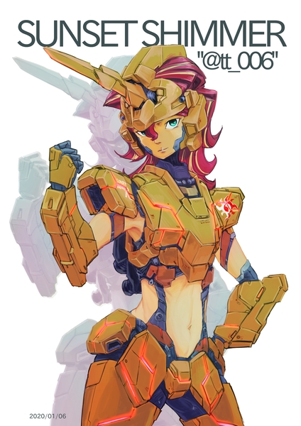 Size: 2893x4092 | Tagged: safe, artist:oberon826, derpibooru import, sunset shimmer, equestria girls, armpits, belly button, female, gundam uc, mobile suit gundam, solo, unicorn gundam