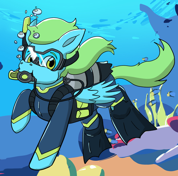 Size: 900x888 | Tagged: safe, artist:chef-cheiro, artist:pokepan11, derpibooru import, oc, oc:sea glow, pegasus, pony, air tank, bubble, flippers, scuba, scuba mask, snorkel, solo, underwater, wetsuit