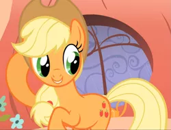 Size: 1233x938 | Tagged: safe, derpibooru import, screencap, applejack, earth pony, pony, look before you sleep, applejack's hat, cowboy hat, cropped, cute, female, golden oaks library, hat, jackabetes, mare, raised hoof, smiling, solo