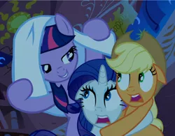 Size: 1200x938 | Tagged: safe, derpibooru import, screencap, applejack, rarity, twilight sparkle, earth pony, pony, unicorn, look before you sleep, applejack's hat, bed, cowboy hat, cropped, female, floppy ears, golden oaks library, hat, holding each other, looking at each other, mare, open mouth, playful, scared, sheet, smiling, smug, trio, unicorn twilight