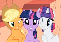 Size: 1353x937 | Tagged: safe, derpibooru import, screencap, applejack, rarity, twilight sparkle, earth pony, pony, unicorn, look before you sleep, cheek squish, cropped, cute, female, golden oaks library, hair curlers, happy, jackabetes, lidded eyes, looking at you, mare, one eye closed, raribetes, smiling, squishy cheeks, trio, twiabetes, unicorn twilight