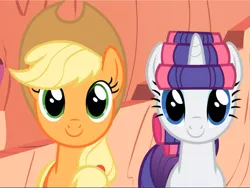 Size: 1251x940 | Tagged: safe, derpibooru import, screencap, applejack, rarity, earth pony, pony, unicorn, look before you sleep, applejack's hat, cowboy hat, cropped, cute, duo, female, golden oaks library, hair curlers, hat, jackabetes, looking at you, mare, raribetes, smiling