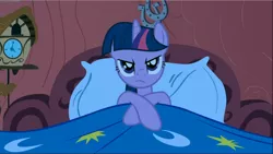 Size: 1668x941 | Tagged: safe, derpibooru import, screencap, twilight sparkle, pony, unicorn, look before you sleep, bed, cropped, golden oaks library, solo, twilight is not amused, twilight's bedroom, unamused, unicorn twilight