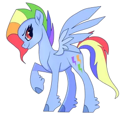 Size: 1644x1551 | Tagged: safe, artist:chroniqlo, derpibooru import, rainbow dash, pegasus, pony, leak, spoiler:g5, female, g5, rainbow dash (g5), raised hoof, simple background, solo