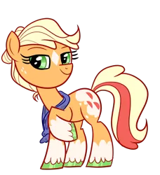 Size: 1172x1284 | Tagged: safe, artist:chroniqlo, derpibooru import, applejack, earth pony, pony, leak, spoiler:g5, applejack (g5), clothes, colored hooves, g5, multicolored tail, raised hoof, scarf, simple background, solo