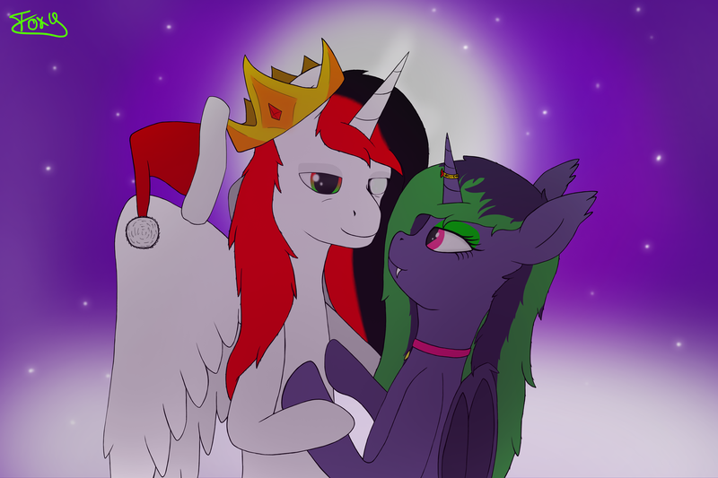 Size: 7500x5000 | Tagged: safe, artist:graphictoxin, artist:thedaren666, derpibooru import, oc, oc:daren, oc:graphic toxin, unofficial characters only, alicorn, bat pony, pony, unicorn, absurd resolution, christmas, clothes, cloud, collar, crown, fangs, fog, gay, glowing eyes, hat, holiday, jewelry, love, male, moon, new year, oc x oc, regalia, santa hat, shipping, sky, stallion, stars, tired, transformation, wings