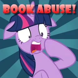 Size: 600x600 | Tagged: safe, artist:jhayarr23, derpibooru import, twilight sparkle, twilight sparkle (alicorn), alicorn, pony, unicorn, book abuse, caption, exclamation point, female, image macro, mare, shocked, show accurate, solo, sunburst background, text, unicorn twilight