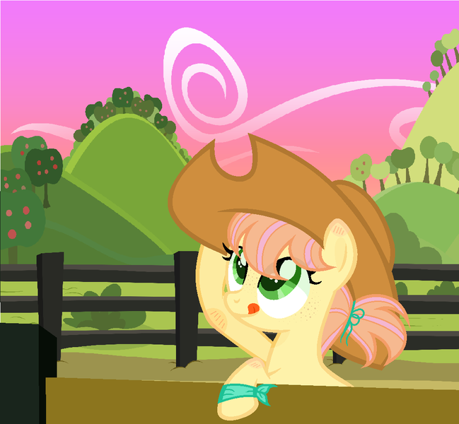 Size: 1056x976 | Tagged: safe, artist:littsandy, derpibooru import, oc, oc:apple garden, unofficial characters only, pony, applejack's hat, base used, cowboy hat, female, filly, hat, licking, licking lips, offspring, oversized hat, parent:big macintosh, parent:fluttershy, parents:fluttermac, solo, sweet apple acres, tongue out