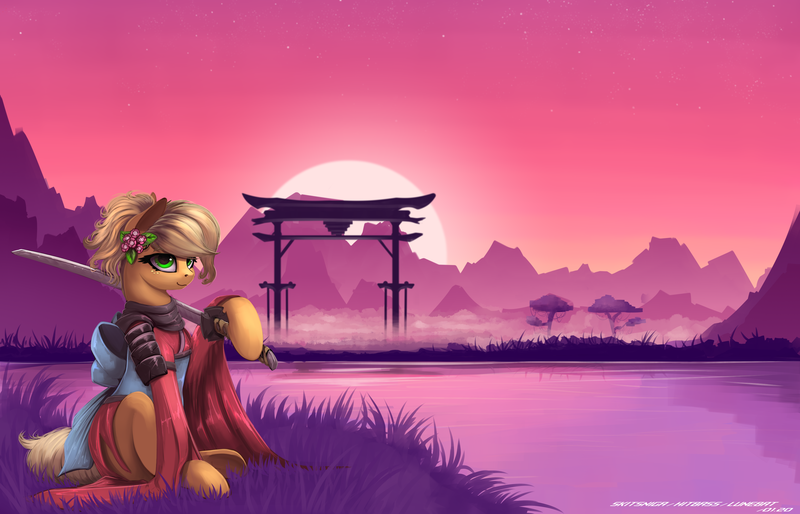 Size: 3500x2250 | Tagged: safe, artist:hitbass, artist:lunebat, artist:skitsniga, derpibooru import, applejack, earth pony, pony, alternate hairstyle, bow, clothes, female, flower, flower in hair, high res, japan, katana, kimono (clothing), mare, mountain, samurai, samurai applejack, shrine, sitting, sky, solo, sun, sword, weapon